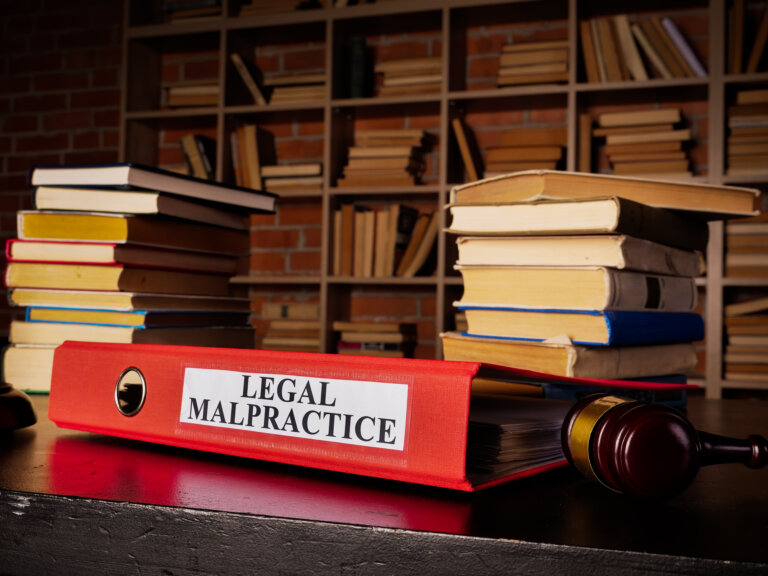 Documents about legal malpractice in the red folder.